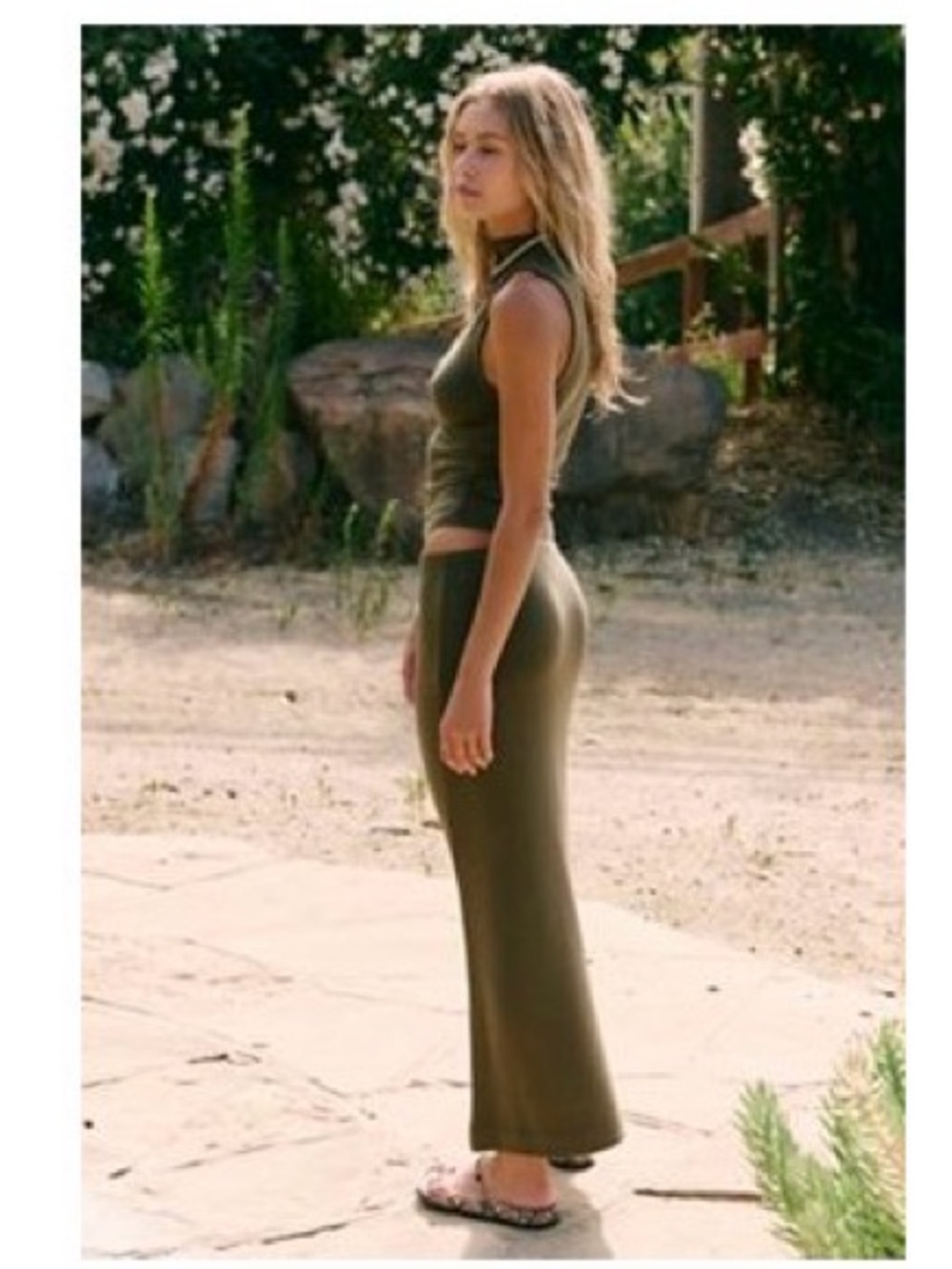 Free People Olive Green Ribbed Crop Top & Maxi Skirt Set